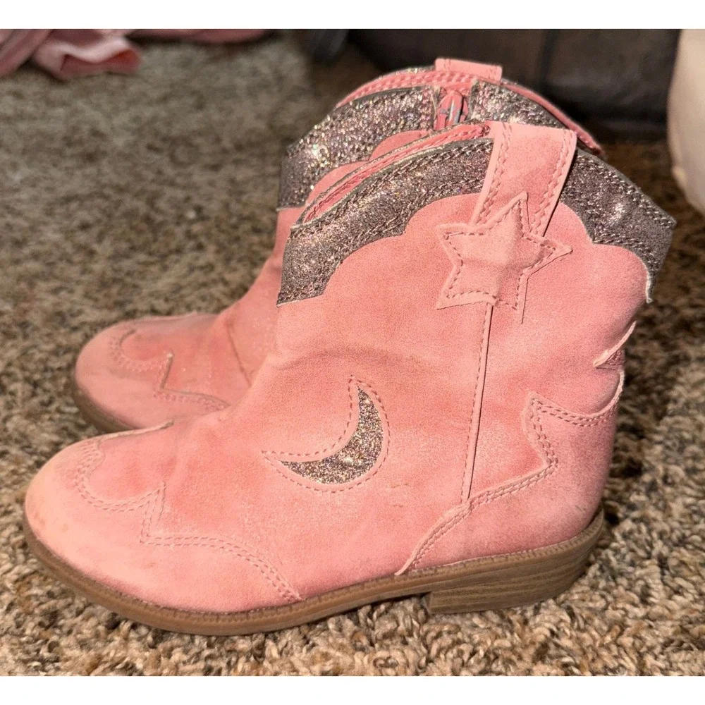 Cat & Jack Isabella Pink Glitter Trim Cowboy Boots Size 11